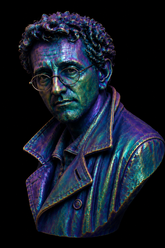Roberto Bolaño bust – iridescent 3D-printed collectible sculpture by The Mannekins